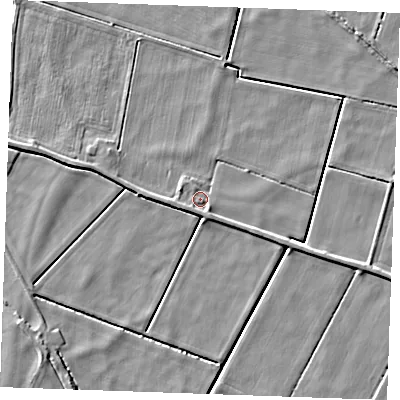Shaded relief map of the ground around PE380PF, computed from Environment Agency LiDAR. The ground here sits at about -1 m above sea level and falls 4 m across the surrounding 800 m. Surface water reaching this point runs off ground lying to the west-south-west, 1.7 m higher.