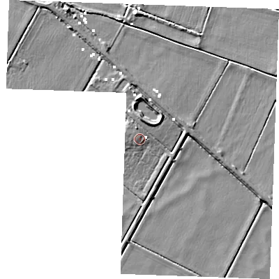 Shaded relief map of the ground around PE380PG, computed from Environment Agency LiDAR. The ground here sits at about 0 m above sea level and falls 5 m across the surrounding 800 m. Surface water reaching this point runs off ground lying to the north-north-west, 0.8 m higher.
