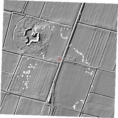 Shaded relief map of the ground around PE380PH, computed from Environment Agency LiDAR. The ground here sits at about 1 m above sea level and falls 7 m across the surrounding 800 m. Surface water reaching this point runs off ground lying to the south-west, 0.7 m higher.