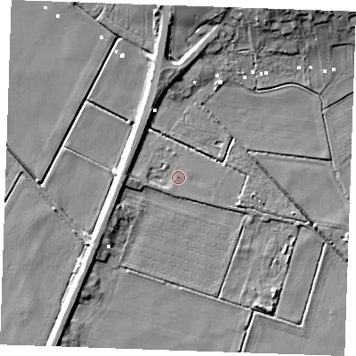 Shaded relief map of the ground around PE380PJ, computed from Environment Agency LiDAR. The ground here sits at about -1 m above sea level and falls 11 m across the surrounding 800 m. Surface water reaching this point runs off ground lying to the west, 2.8 m higher.