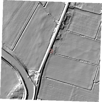 Shaded relief map of the ground around PE380PN, computed from Environment Agency LiDAR. The ground here sits at about 1 m above sea level and falls 8 m across the surrounding 800 m. Surface water reaching this point runs off ground lying to the south-south-west, 3.1 m higher.