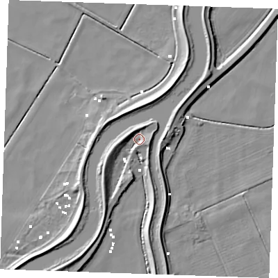 Shaded relief map of the ground around PE380PP, computed from Environment Agency LiDAR. The ground here sits at about 1 m above sea level and falls 8 m across the surrounding 800 m. Surface water reaching this point runs off ground lying to the south-west, 5.6 m higher.