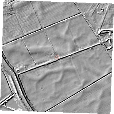 Shaded relief map of the ground around PE380PR, computed from Environment Agency LiDAR. The ground here sits at about -1 m above sea level and falls 7 m across the surrounding 800 m. Surface water reaching this point runs off ground lying to the west-south-west, 2.1 m higher.