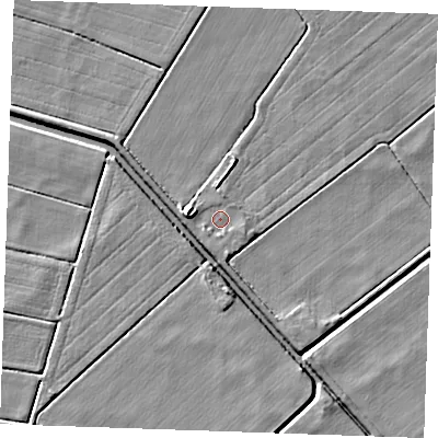 Shaded relief map of the ground around PE380PS, computed from Environment Agency LiDAR. The ground here sits at about -1 m above sea level and falls 5 m across the surrounding 800 m. Surface water reaching this point runs off ground lying to the west, 3.2 m higher.