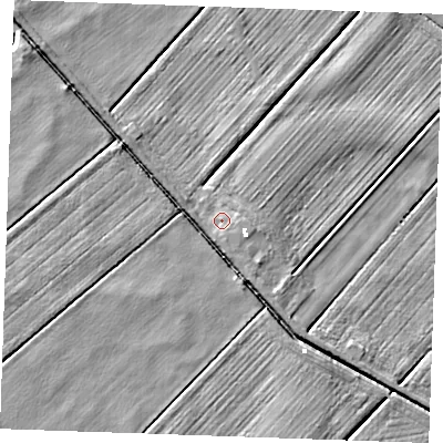 Shaded relief map of the ground around PE380PT, computed from Environment Agency LiDAR. The ground here sits at about -1 m above sea level and falls 4 m across the surrounding 800 m. Surface water reaching this point runs off ground lying to the east-south-east, 1.7 m higher.