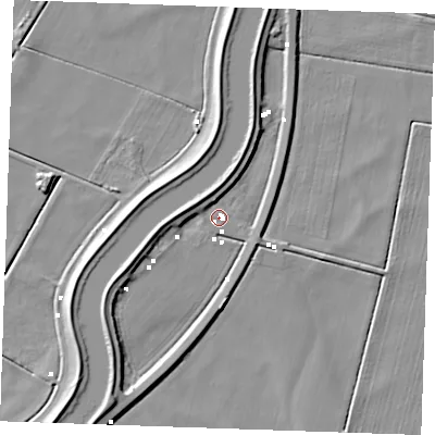 Shaded relief map of the ground around PE380PW, computed from Environment Agency LiDAR. The ground here sits at about 0 m above sea level and falls 8 m across the surrounding 800 m. Surface water reaching this point runs off ground lying to the west-south-west, 6.2 m higher.