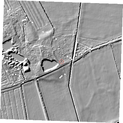 Shaded relief map of the ground around PE380PX, computed from Environment Agency LiDAR. The ground here sits at about 1 m above sea level and falls 8 m across the surrounding 800 m. Surface water reaching this point runs off ground lying to the south-west, 1.2 m higher.