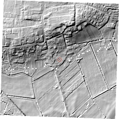 Shaded relief map of the ground around PE380QG, computed from Environment Agency LiDAR. The ground here sits at about 1 m above sea level and falls 16 m across the surrounding 800 m. Surface water reaching this point runs off ground lying to the north-north-west, 6.2 m higher.