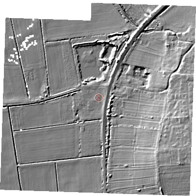 Shaded relief map of the ground around PE380QH, computed from Environment Agency LiDAR. The ground here sits at about 2 m above sea level and falls 16 m across the surrounding 800 m. Surface water reaching this point runs off ground lying to the east, 1.2 m higher.