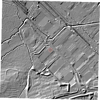 Shaded relief map of the ground around PE38YD, computed from Environment Agency LiDAR. The ground here sits at about 9 m above sea level and falls 11 m across the surrounding 800 m. Surface water reaching this point runs off ground lying to the south, 7.9 m higher.