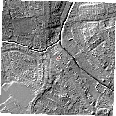 Shaded relief map of the ground around PE46SG, computed from Environment Agency LiDAR. The ground here sits at about 8 m above sea level and falls 8 m across the surrounding 800 m. Surface water reaching this point runs off ground lying to the south-south-west, 4.8 m higher.