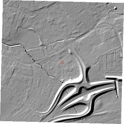 Shaded relief map of the ground around PE47BB, computed from Environment Agency LiDAR. The ground here sits at about 9 m above sea level and falls 13 m across the surrounding 800 m. Surface water reaching this point runs off ground lying to the south-east, 10.2 m higher.