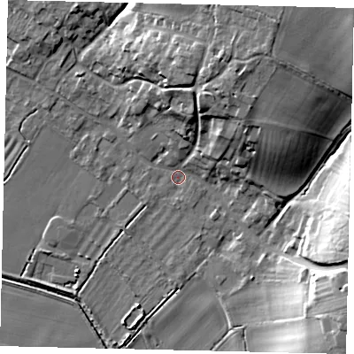 Shaded relief map of the ground around PE57AX, computed from Environment Agency LiDAR. The ground here sits at about 9 m above sea level and falls 19 m across the surrounding 800 m. Surface water reaching this point runs off ground lying to the east-south-east, 16.9 m higher.
