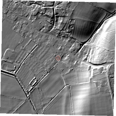 Shaded relief map of the ground around PE57BD, computed from Environment Agency LiDAR. The ground here sits at about 9 m above sea level and falls 22 m across the surrounding 800 m. Surface water reaching this point runs off ground lying to the south-east, 2.1 m higher.