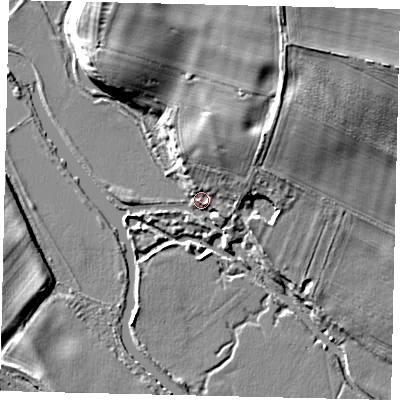 Shaded relief map of the ground around PE57BT, computed from Environment Agency LiDAR. The ground here sits at about 8 m above sea level and falls 9 m across the surrounding 800 m. Surface water reaching this point runs off ground lying to the north-north-west, 7.0 m higher.