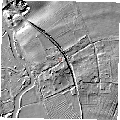 Shaded relief map of the ground around PE57XD, computed from Environment Agency LiDAR. The ground here sits at about 17 m above sea level and falls 10 m across the surrounding 800 m. Surface water reaching this point runs off ground lying to the east-north-east, 1.7 m higher.