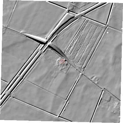 Shaded relief map of the ground around PE60AB, computed from Environment Agency LiDAR. The ground here sits at about 2 m above sea level and falls 9 m across the surrounding 800 m. Surface water reaching this point runs off ground lying to the north-north-west, 5.4 m higher.