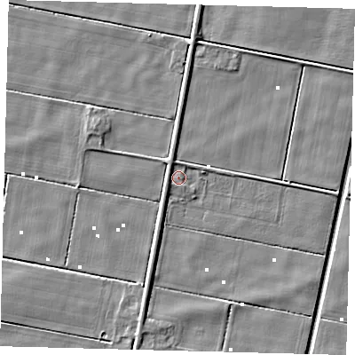Shaded relief map of the ground around PE60AD, computed from Environment Agency LiDAR. The ground here sits at about 1 m above sea level and falls 3 m across the surrounding 800 m. Surface water reaching this point runs off ground lying to the west-north-west, 1.7 m higher.