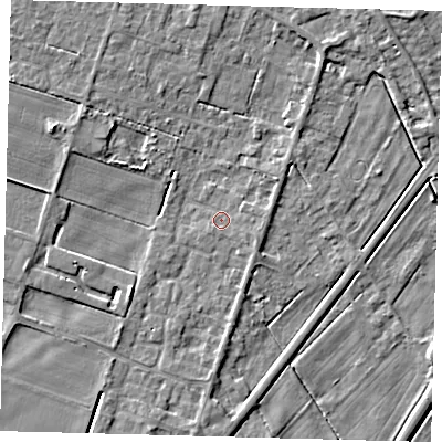 Shaded relief map of the ground around PE60AE, computed from Environment Agency LiDAR. The ground here sits at about 2 m above sea level and falls 4 m across the surrounding 800 m. Surface water reaching this point runs off ground lying to the east-south-east, 1.2 m higher.
