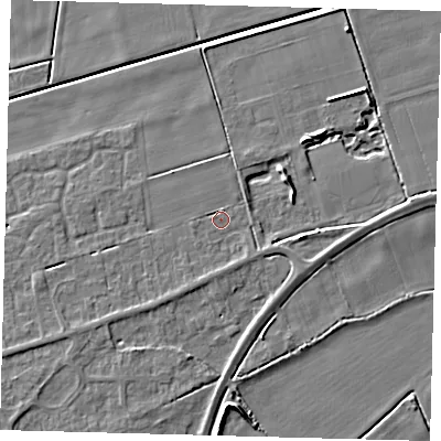 Shaded relief map of the ground around PE60AF, computed from Environment Agency LiDAR. The ground here sits at about 2 m above sea level and falls 5 m across the surrounding 800 m. Surface water reaching this point runs off ground lying to the south, 1.0 m higher.
