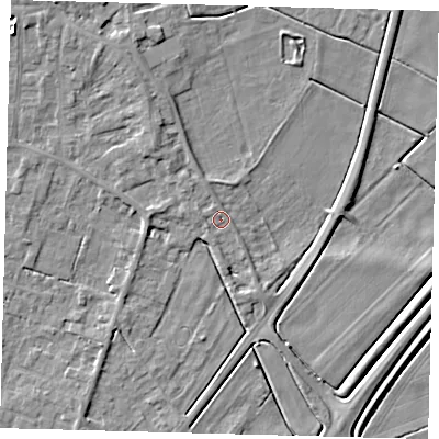 Shaded relief map of the ground around PE60AL, computed from Environment Agency LiDAR. The ground here sits at about 2 m above sea level and falls 7 m across the surrounding 800 m. Surface water reaching this point runs off ground lying to the north-west, 1.1 m higher.