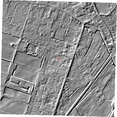 Shaded relief map of the ground around PE60AQ, computed from Environment Agency LiDAR. The ground here sits at about 1 m above sea level and falls 5 m across the surrounding 800 m. Surface water reaching this point runs off ground lying to the east, 2.0 m higher.
