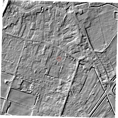 Shaded relief map of the ground around PE60AS, computed from Environment Agency LiDAR. The ground here sits at about 2 m above sea level and falls 7 m across the surrounding 800 m. Surface water reaching this point runs off ground lying to the north-north-west, 4.2 m higher.