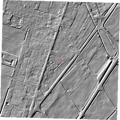 Shaded relief map of the ground around PE60AT, computed from Environment Agency LiDAR. The ground here sits at about 1 m above sea level and falls 4 m across the surrounding 800 m. Surface water reaching this point runs off ground lying to the west-south-west, 1.7 m higher.