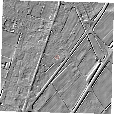 Shaded relief map of the ground around PE60AU, computed from Environment Agency LiDAR. The ground here sits at about 1 m above sea level and falls 4 m across the surrounding 800 m. Surface water reaching this point runs off ground lying to the south-west, 1.7 m higher.