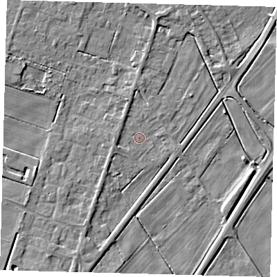 Shaded relief map of the ground around PE60AX, computed from Environment Agency LiDAR. The ground here sits at about 2 m above sea level and falls 4 m across the surrounding 800 m. Surface water reaching this point runs off ground lying to the west-south-west, 1.3 m higher.