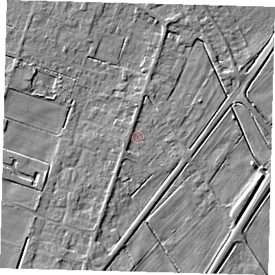 Shaded relief map of the ground around PE60BA, computed from Environment Agency LiDAR. The ground here sits at about 2 m above sea level and falls 4 m across the surrounding 800 m. Surface water reaching this point runs off ground lying to the south-west, 2.3 m higher.