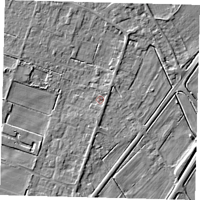 Shaded relief map of the ground around PE60BB, computed from Environment Agency LiDAR. The ground here sits at about 2 m above sea level and falls 5 m across the surrounding 800 m. Surface water reaching this point runs off ground lying to the north-east, 1.5 m higher.