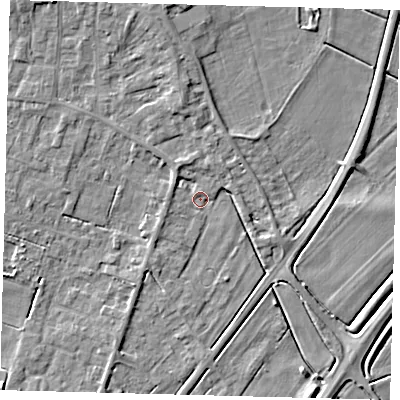 Shaded relief map of the ground around PE60BD, computed from Environment Agency LiDAR. The ground here sits at about 2 m above sea level and falls 6 m across the surrounding 800 m. Surface water reaching this point runs off ground lying to the north-west, 2.7 m higher.