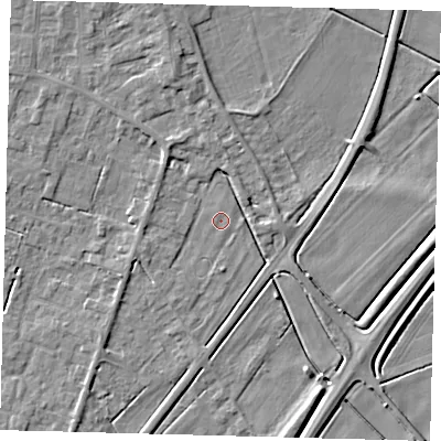 Shaded relief map of the ground around PE60BF, computed from Environment Agency LiDAR. The ground here sits at about 2 m above sea level and falls 5 m across the surrounding 800 m. Surface water reaching this point runs off ground lying to the west-south-west, 1.4 m higher.