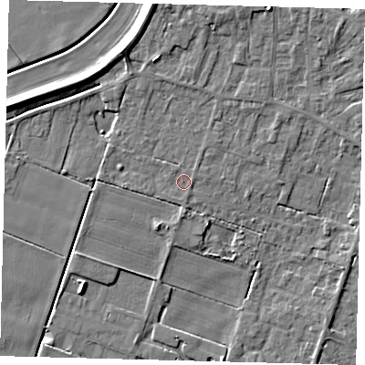 Shaded relief map of the ground around PE60BN, computed from Environment Agency LiDAR. The ground here sits at about 3 m above sea level and falls 7 m across the surrounding 800 m. Surface water reaching this point runs off ground lying to the north-north-west, 1.4 m higher.