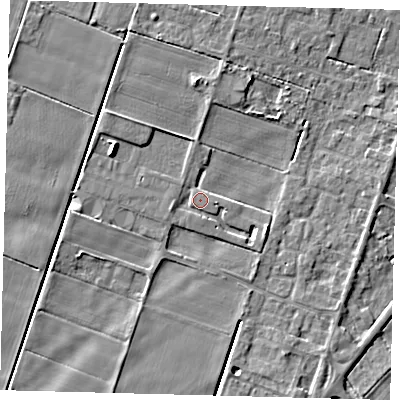 Shaded relief map of the ground around PE60BQ, computed from Environment Agency LiDAR. The ground here sits at about 2 m above sea level and falls 5 m across the surrounding 800 m. Surface water reaching this point runs off ground lying to the east-south-east, 2.8 m higher.