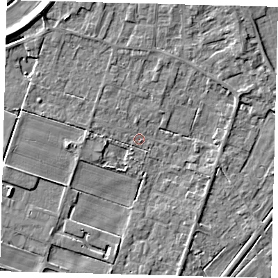 Shaded relief map of the ground around PE60BS, computed from Environment Agency LiDAR. The ground here sits at about 2 m above sea level and falls 6 m across the surrounding 800 m. Surface water reaching this point runs off ground lying to the north-west, 1.7 m higher.