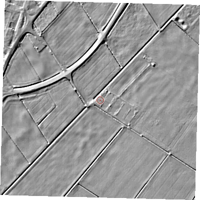 Shaded relief map of the ground around PE60BZ, computed from Environment Agency LiDAR. The ground here sits at about 1 m above sea level and falls 3 m across the surrounding 800 m. Surface water reaching this point runs off ground lying to the east-north-east, 2.8 m higher.
