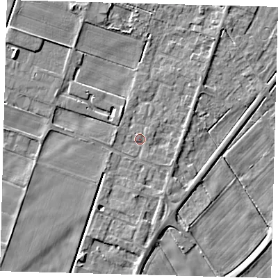 Shaded relief map of the ground around PE60DA, computed from Environment Agency LiDAR. The ground here sits at about 2 m above sea level and falls 5 m across the surrounding 800 m. Surface water reaching this point runs off ground lying to the north-east, 1.6 m higher.