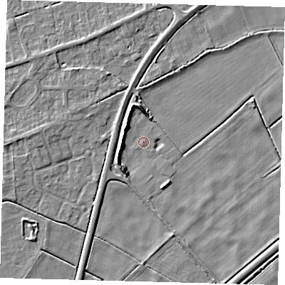 Shaded relief map of the ground around PE60DD, computed from Environment Agency LiDAR. The ground here sits at about 1 m above sea level and falls 6 m across the surrounding 800 m. The ground contributing surface water to this point lies to the south-south-west.