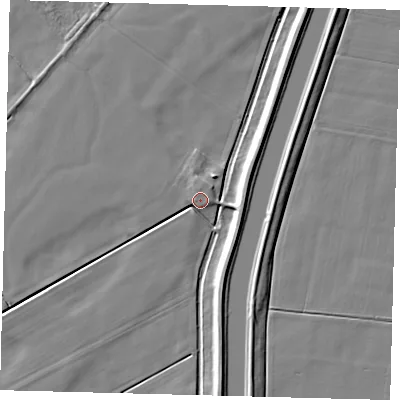 Shaded relief map of the ground around PE60DE, computed from Environment Agency LiDAR. The ground here sits at about 2 m above sea level and falls 6 m across the surrounding 800 m. Surface water reaching this point runs off ground lying to the east-south-east, 5.4 m higher.