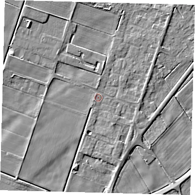 Shaded relief map of the ground around PE60DG, computed from Environment Agency LiDAR. The ground here sits at about 1 m above sea level and falls 5 m across the surrounding 800 m. Surface water reaching this point runs off ground lying to the north-east, 1.9 m higher.