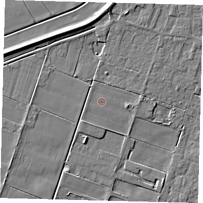 Shaded relief map of the ground around PE60DH, computed from Environment Agency LiDAR. The ground here sits at about 2 m above sea level and falls 7 m across the surrounding 800 m. The ground contributing surface water to this point lies to the north.