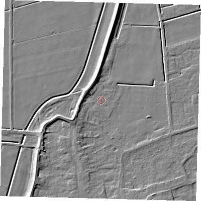 Shaded relief map of the ground around PE60DJ, computed from Environment Agency LiDAR. The ground here sits at about 2 m above sea level and falls 7 m across the surrounding 800 m. Surface water reaching this point runs off ground lying to the west-south-west, 4.2 m higher.