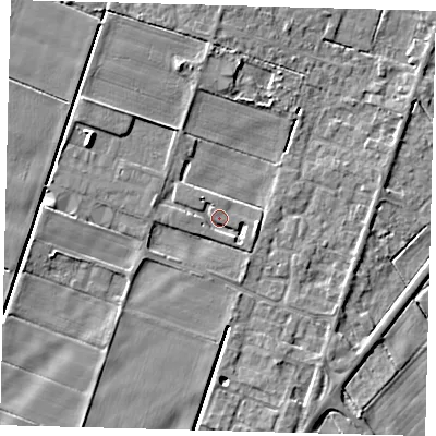Shaded relief map of the ground around PE60DN, computed from Environment Agency LiDAR. The ground here sits at about 1 m above sea level and falls 5 m across the surrounding 800 m. Surface water reaching this point runs off ground lying to the east-south-east, 2.8 m higher.