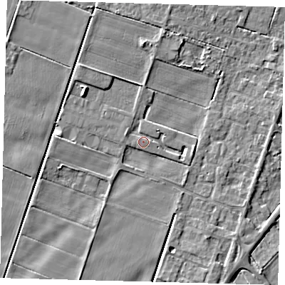 Shaded relief map of the ground around PE60DP, computed from Environment Agency LiDAR. The ground here sits at about 2 m above sea level and falls 5 m across the surrounding 800 m. Surface water reaching this point runs off ground lying to the east, 2.8 m higher.