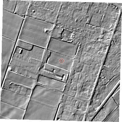 Shaded relief map of the ground around PE60DQ, computed from Environment Agency LiDAR. The ground here sits at about 1 m above sea level and falls 5 m across the surrounding 800 m. Surface water reaching this point runs off ground lying to the south-west, 1.7 m higher.