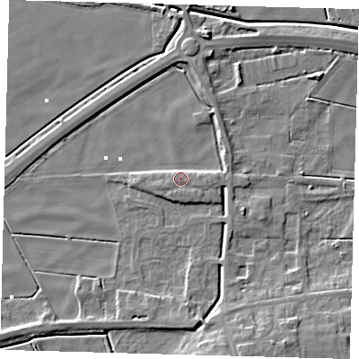 Shaded relief map of the ground around PE60DR, computed from Environment Agency LiDAR. The ground here sits at about 2 m above sea level and falls 9 m across the surrounding 800 m. Surface water reaching this point runs off ground lying to the east-north-east, 2.6 m higher.