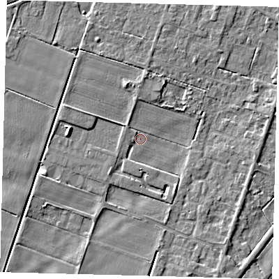 Shaded relief map of the ground around PE60DS, computed from Environment Agency LiDAR. The ground here sits at about 1 m above sea level and falls 5 m across the surrounding 800 m. Surface water reaching this point runs off ground lying to the south-east, 2.8 m higher.