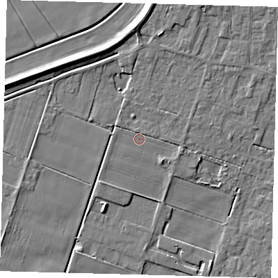 Shaded relief map of the ground around PE60DU, computed from Environment Agency LiDAR. The ground here sits at about 3 m above sea level and falls 7 m across the surrounding 800 m. The ground contributing surface water to this point lies to the west-north-west.